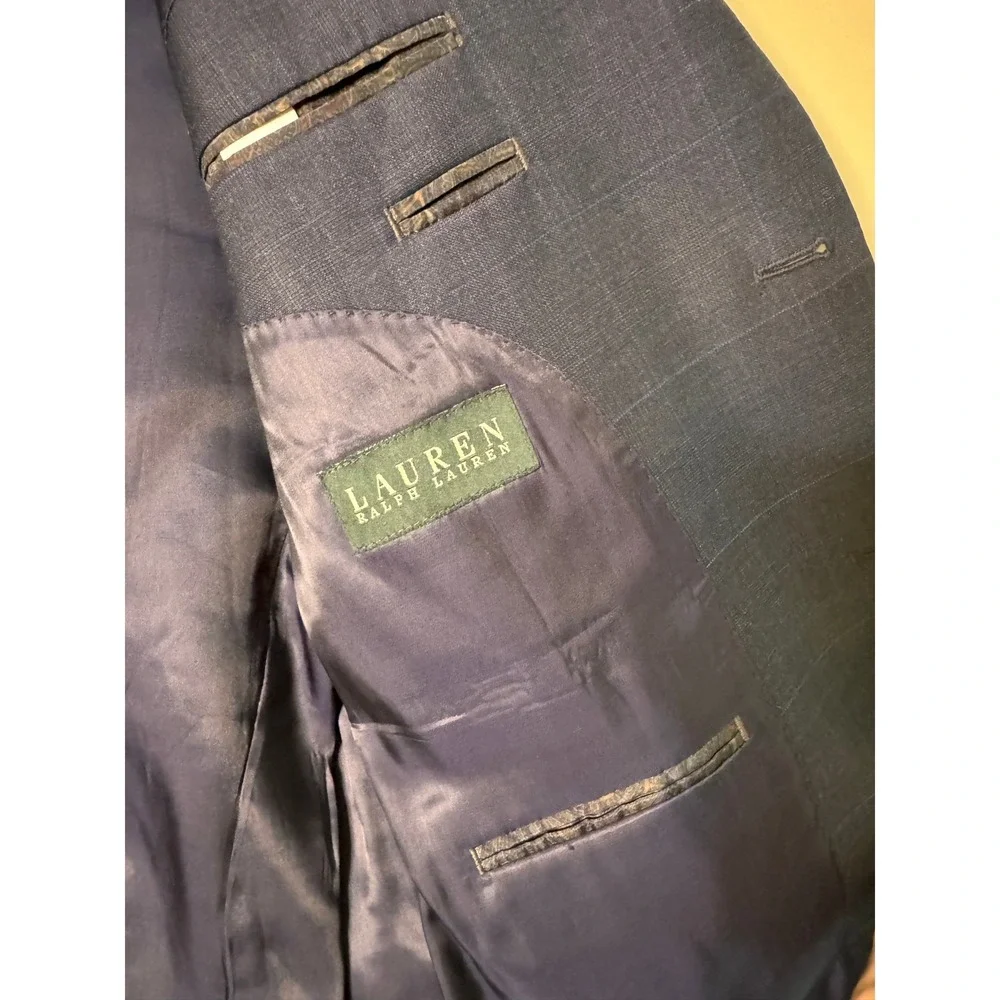 Lauren Ralph Lauren Mens 42R Navy Blue Windowpane 100% Wool Blazer Sport‎ Coat